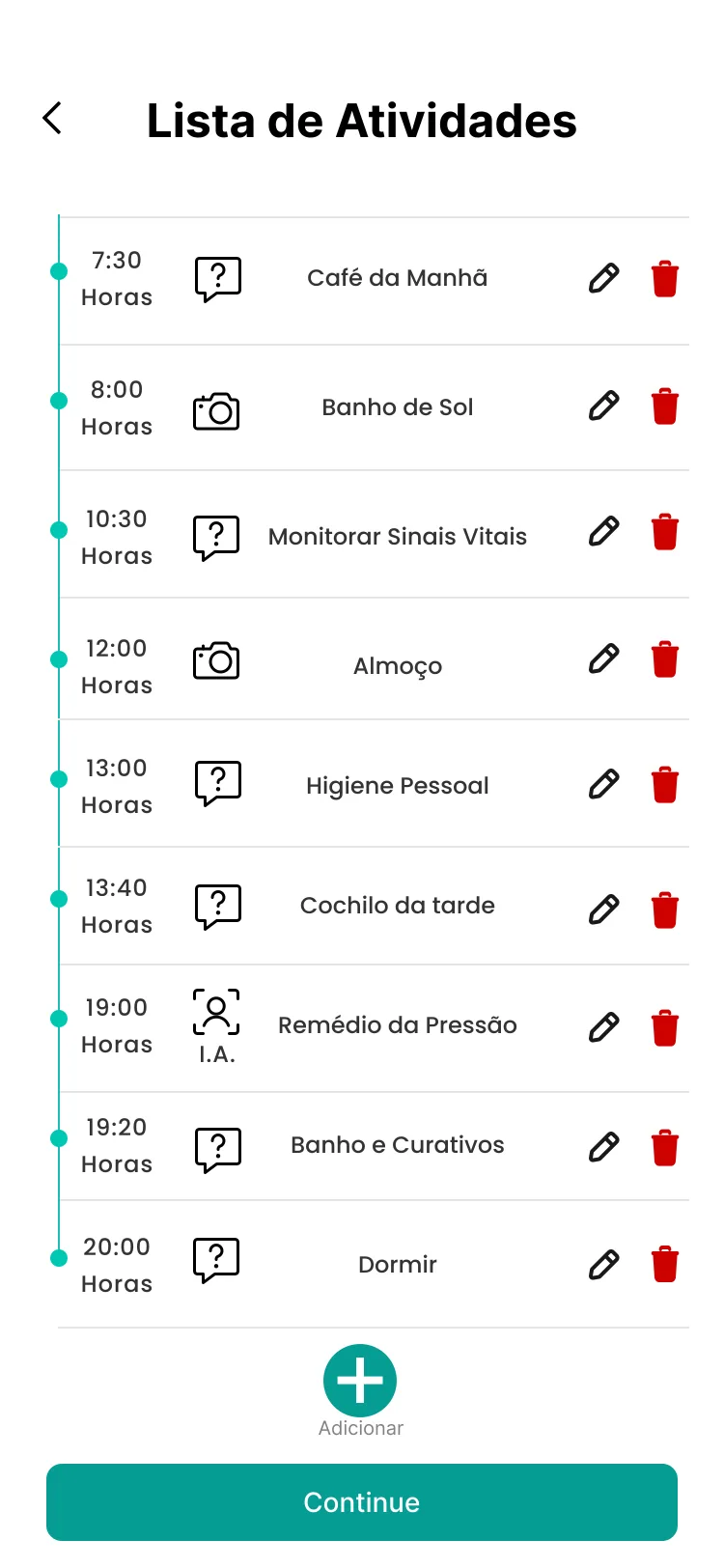 Cadastro de atividade no aplicativo